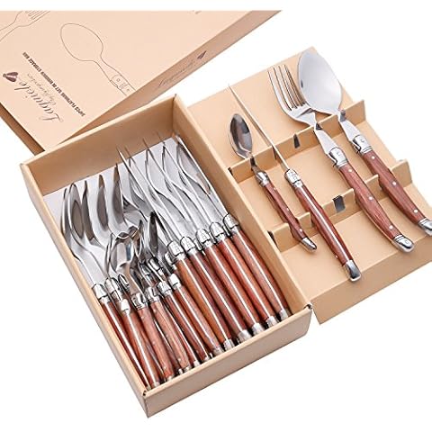 Laguiole By FlyingColors Stainless Steel Flatware Set. Wood Handles, 24 Pieces Cover