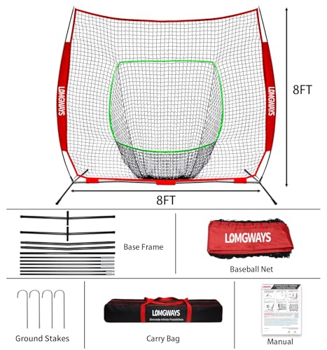 Image of 7x7ft /8x8ft Baseball Softball Net with Steel Frame for Batting, Hitting, Pitching, Portable Baseball Batting Net with Carry Bag, Great for All Levels