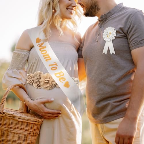 Image of Baby Shower Maternity Sash Belly Belt-Pink Flower Sash Set Mom to Be & Dad to Be Corsage Pins for Gender Reveal