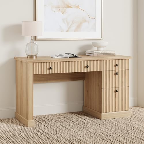 Garvee Fluted Home Office Desk Storage, 54 in Modern Executive Desk with Charging Station, Wooden Computer Writing Desk with File Cabinet & Drawers fo