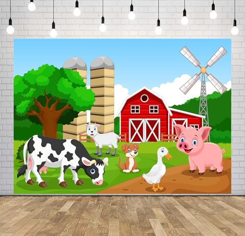 Loccor 7x5ft Fabric Farm Animals Backdrop for Kids Birthday Party Decorations Cartoon Red Barnyard Cow Photography Background Baby Shower Barn Farm Themed Party Cake Table Banner Photoshoot Props by Loccor - Image 4