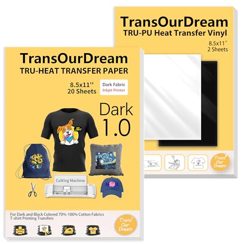 Image of TransOurDream Tru-Iron on Heat Transfer Paper for Dark Fabric (20+2 Sheets, 8.5x11 inch) Printable Iron on Transfers Paper for Inkjet Printer & Heat Transfer Vinyl for T Shirts