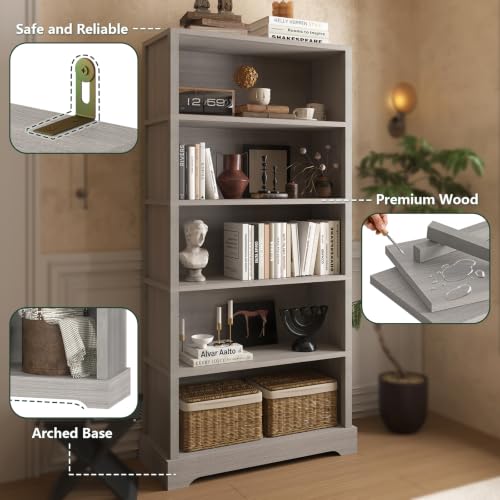 Image of TVU 5-Tier Wooden Bookshelf, 65 inch Tall Farmhouse Style Open Bookcase, 31.5 inch W Standing Book Shelf with Storage, Suitable for Study, Living Room, Office, Grey