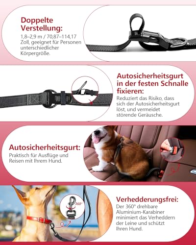 WANFIRE Freihandleinen Hundeleine, Joggingleine Hunde, Lange Hundeleine mit Autosicherheitsgurt und doppelseitigen reflektierenden Nähten für mittelgroße und große Hunde zum Spazierengehen (Schwarz)