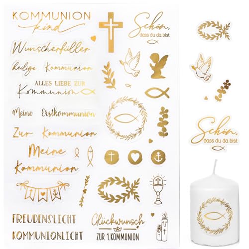 BETESSIN Kommunion Aufkleber Gold - 5 Bögen Selbstklebende Sticker für Scrapbooking, Karten, Alben und Kerzengestaltung zur Kommunion