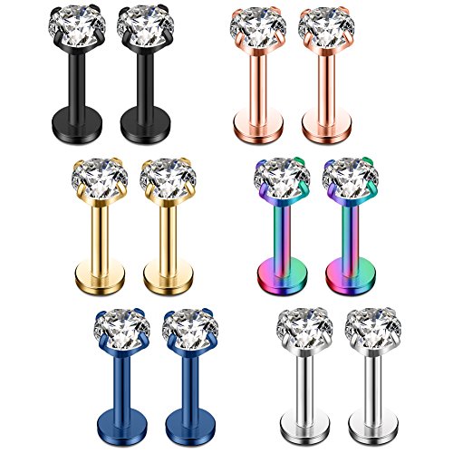 Ruifan 6Prs(12Pcs) 16G 4Mm Clear Cubic Zirconia Labret Monroe Lip Ring Tragus Helix Earring Stud Barbell Piercing Jewelry Bar Length 8Mm #TOP17