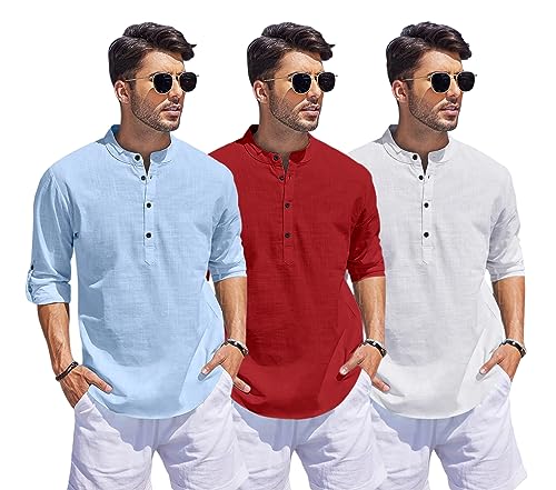 Image of Combo of Men Solid Cotton Blend Straight Kurta Shirt Pack of 3