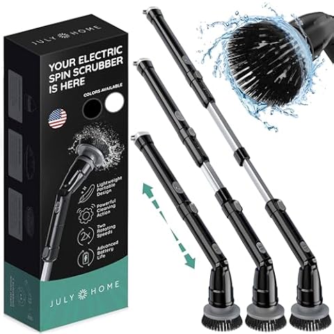 JULY HOME Electric Spin Scrubber with Adjustable Extension Shower Scrubber Brush, Cordless Automatic Power Scrubber for Shower, Cleaner for Tile, Floor, Long Handle & 3 Brush (Packaging May Vary) Cover