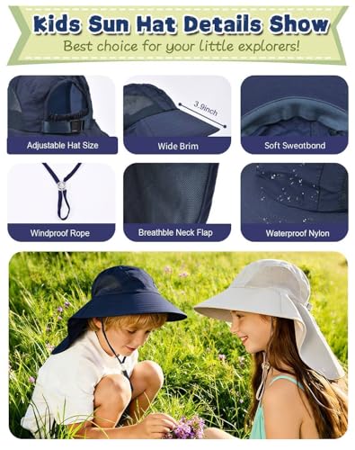 Image of Rosoz Kids Sun Hat with Neck Flap UV Protection Summer Toddler Beach Hat Unisex Ponytail Hat Wide Brim Fishing Hat
