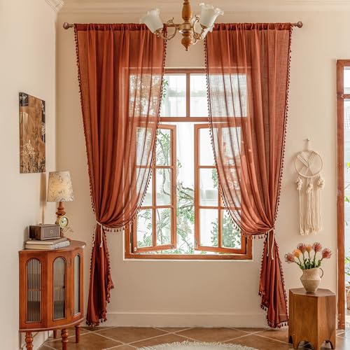 Image of MYSKY HOME Bohemian Macrame Curtains 84 Inches Long for Living Room,Semi Sheer Light Filtering Privacy Drapes Farmhouse Coutry Home Decor for Bedroom, 50 inch Wx84 inch L, Terracotta, 2 Panels
