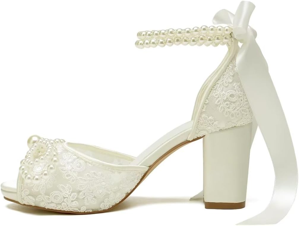 Lace Pearl Wedding Shoes for Bride High Heel Bridal Shoes Peep Toe Platform Wedding Heels - Image 3
