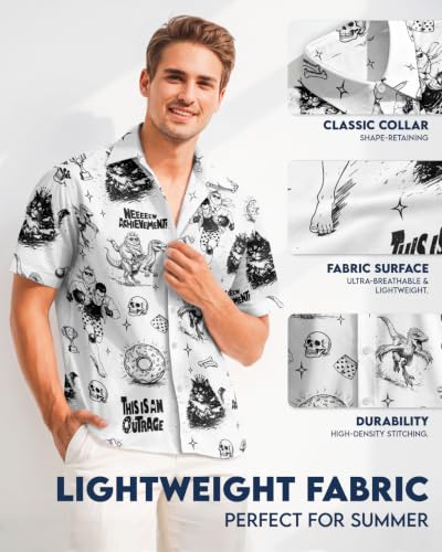 Image of 99TIMORO Funny Film Summer Button Down Shirt Men Short Sleeve Top | Movie Character Hawaiian Shirts for Men Lightweight Breathable Beach Vacation Business Casual Summer Gifts Classic Fit