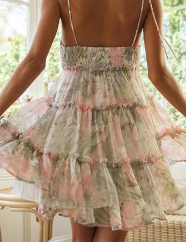 Image of Gihuo Womens Floral Mini Dress Boho Flowy Skater Spaghetti Strap Ruffle Sleeveless Beach Dress 2026 Summer Sundresses