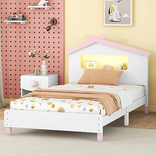 Twin-Size-Wooden-Platform-Bed-with-House-Shaped-Headboard-and-Motion-Activated-Night-LightsPine-Wood-Bed-Frame-WSlats-Support-for-Kids-Boys-GirlsNo-Box-Spring-NeededWhitePink Twin Size Wooden Platform Bed with House Shaped Headboard and Motion Activated Night LightsPine Wood Bed Frame WSlats Support for Kids Boys GirlsNo Box Spring NeededWhitePink