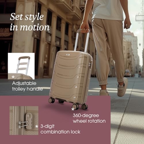 Image of Skybags Cabin Curve Size Hard Spinner Luggage (56 Cm)|Polypropylene Spinner Luggage Trolley with 8 Wheels| Brown|Unisex, Beige, Small
