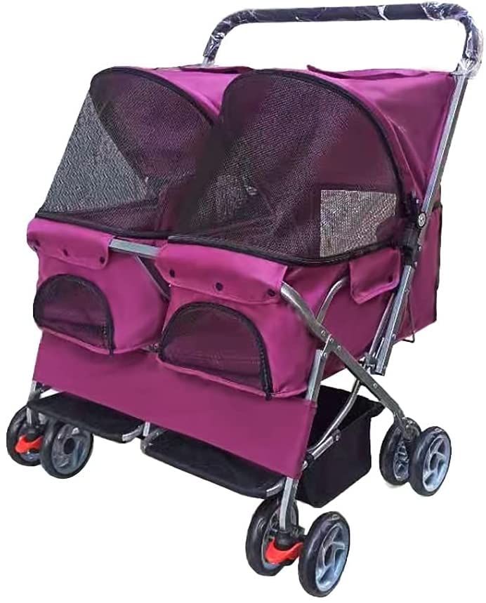 Pet Stroller Double Seat for Medium Small Dogs - Easy to Fold, Black with Rain Cover