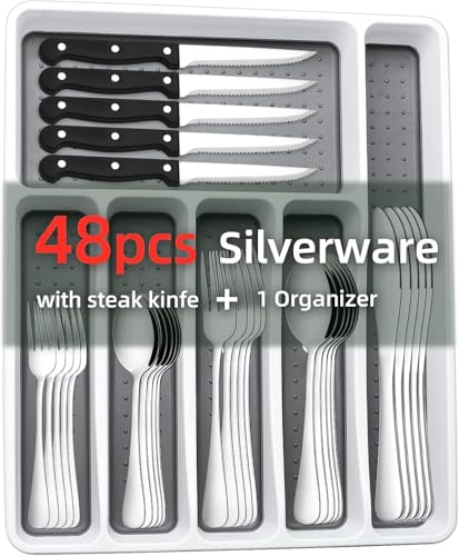 Consejos para Comprar Juego de cubiertos - 5 favoritos. 41 48+1 PCS Juego De Cubiertos Con Organizador De Cubiertos, Cubiertos de Acero Inoxidable para 8 personas, Con Cuchillos para Carne, Cucharas,Resistente Al Óxido, Apto Para...