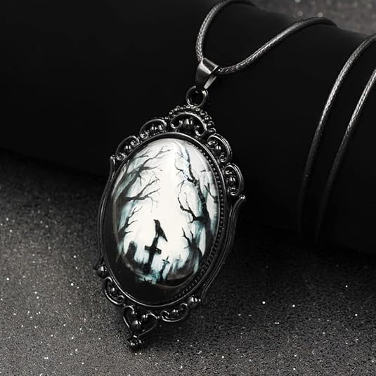 YWMAN 2Pcs Goth Edgar Allan Poe Necklace Set, Raven Cross/Black Cat Cameo Necklace, Gothic Literary Jewelry for Women, Halloween Jewelry for Book Lover & Dark Academia, Gothic Horror Reader's Gift4