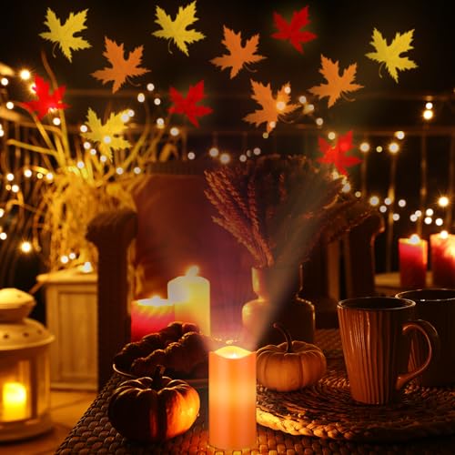 Image of Baquler Fall Maple Leaf Flameless Candles Projector Lights Thanksgiving LED Candle Fall Night Light with Remote and Timer Battery Operated Electric Gifts for Wedding Autumn Harvest Halloween Decor