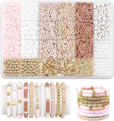 GOTING Beads Set – Polymer Clay Beads with Gold Spacers | Bracelet Making Kit for DIY Jewelry, Friendship Bracelets, Necklaces & Earrings | Pink, White & Brown Colours