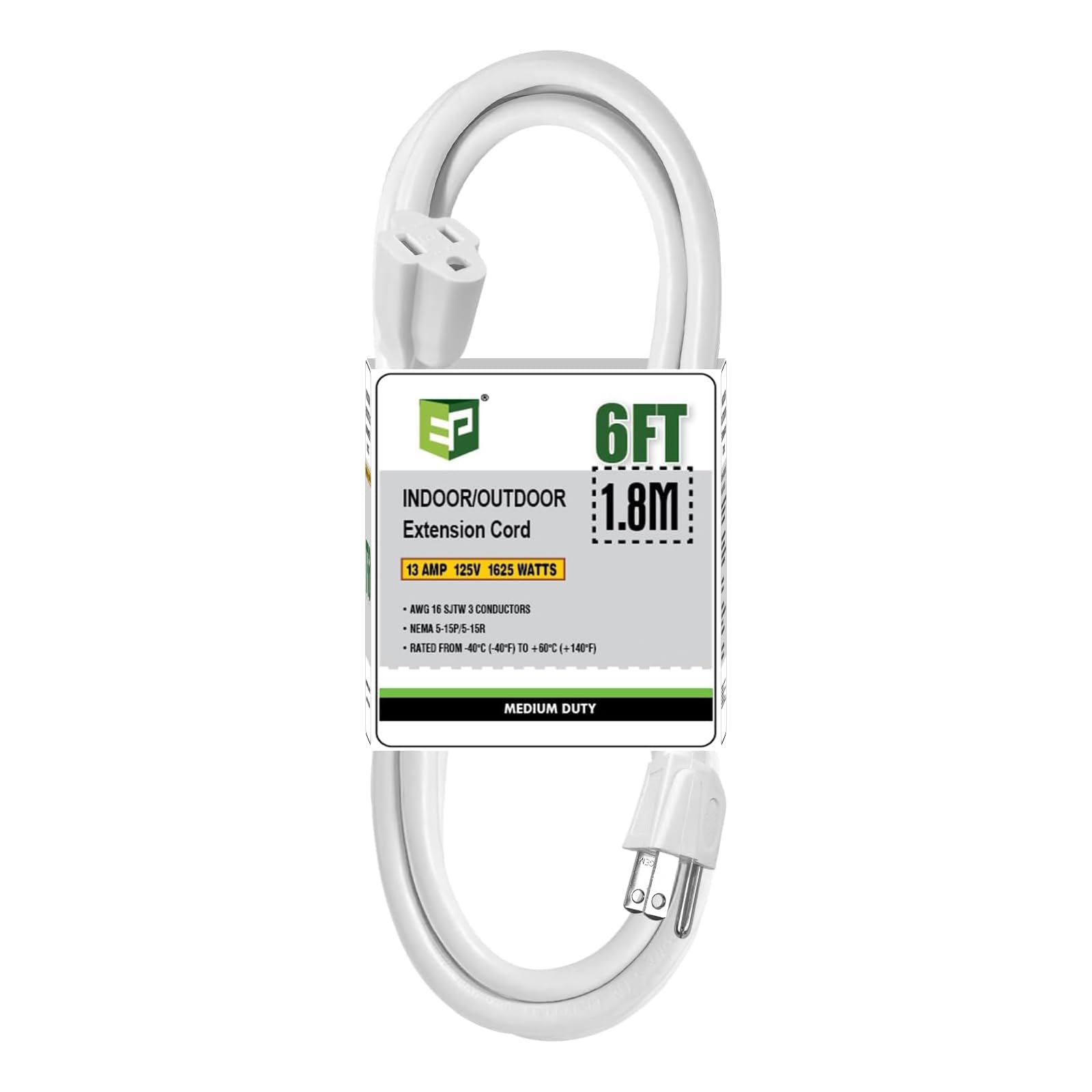 EP 6 FT Outdoor Extension Cord, 16/3 SJTW Heavy Duty White, ETL Listed