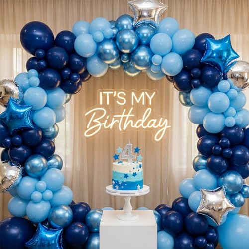Image of RUBFAC Metallic Blue Balloons 129pcs Different Sizes Pack of 18 12 10 5 Inch, Latex Chrome Blue Balloon Garland Arch Kit for Wedding Baby Shower Birthday Party Graduation Decorations