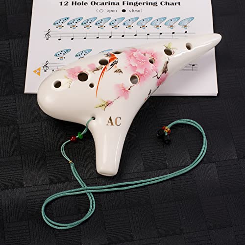 Deekec 12 Hole Ceramic Ocarina "Singing Birds and Fragrant Flowers", Hand Painting 12 Hole Alto C with Song Book and Bag