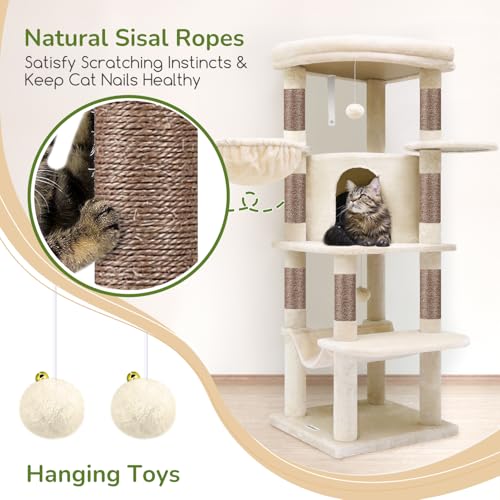 Image of Globlazer Corner Cat Tree, 51in Curved Series Modern Cat Tower for Indoor Cats with Hammock, 7 Sisal Scratching Posts, Large Fan-Shaped Platform for Large Cats, Cat Condo & Hanging Basket, C51, Beige​