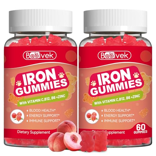 2 Pack Iron Supplement Gummies for Women & Men - Iron Gummies with Folate Vitamin C B12 B6 Zinc,...