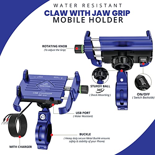 Image of GRAND PITSTOP Mobile Holder for Bikes, Motorcycle, Scooter, Bicycle, Claw Jaw Grip with Charger Bike Mobile Holder, Aluminium Cellphone Holder for Maps & GPS Navigate & 360 Rotation Phone Mount-Blue