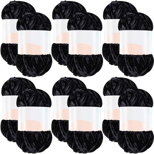Image of Xinnun 12 Skeins 1116 Yards Chenille Velvet Soft Thick Plush Yarn Bulk for Crocheting Knitting Blanket DIY Weaving Craft, 6mm, 3.5 Oz /Skein(Black)