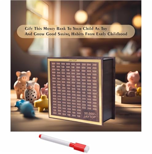 Image of JAYTOP Wooden Money /Piggy Bank for Kids & Adults, Savings Challenge Box, Money Saving Box for Adult 10000, Cash Collection Gullak Mini Bank, Birthday Gift for Kids, Women /Men /Friends (50000)