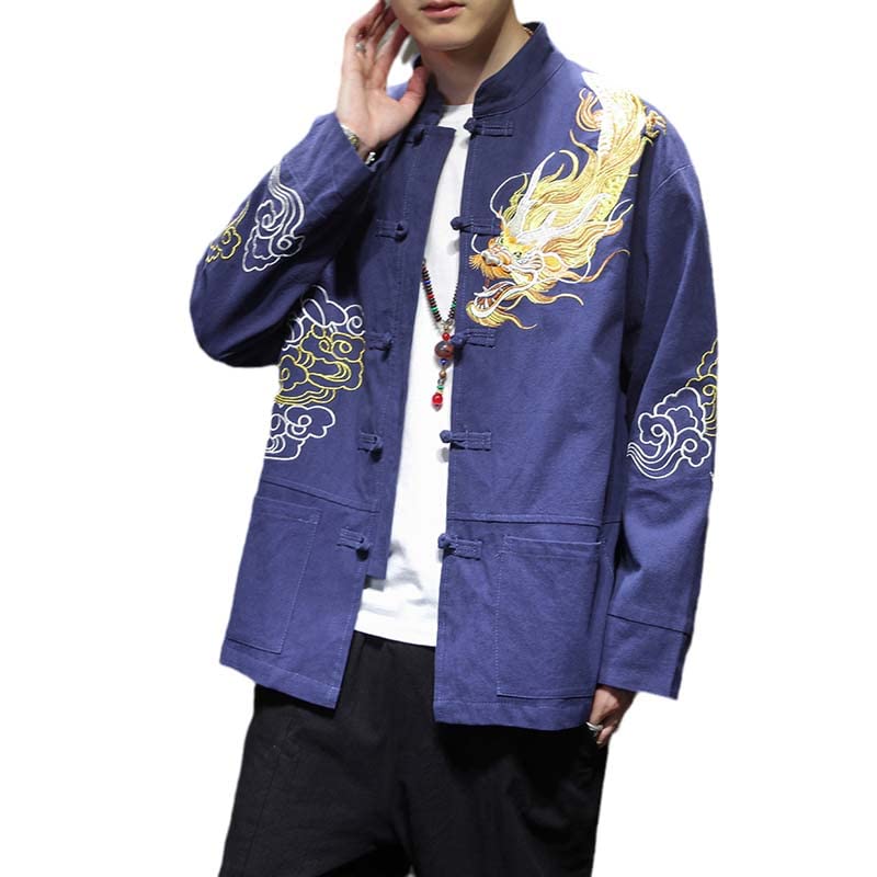 Aoleaky Chinese Style Men's Jacket Dragon Embroidery Retro Tops Long Sleeve Han Tang Coat Traditional Clothes For Men Hanfu