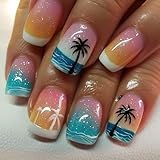 Spring Summer Press on Nails Medium Square Pink Blue Gradient with Coconut Tree Sunset Designs Glossy Acrylic Fake Nails for Summer Beach Vacation Manicure Decoration 24 pcs