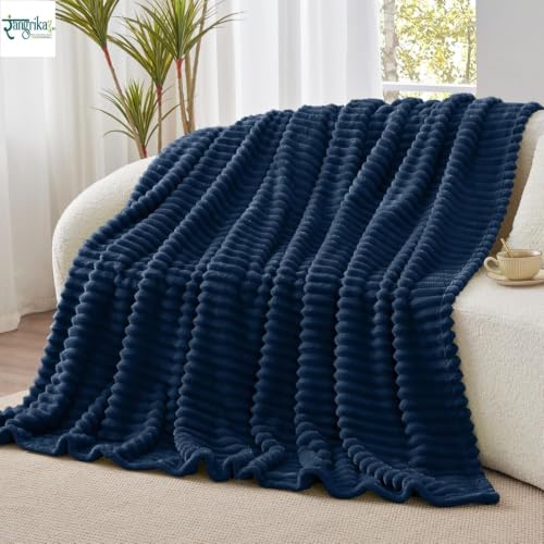 Image of Rangrika.in Ultra Soft Bed Blanket, Premium Flannel Fleece Plush Throw, Ribbed Texture Mink Touch, Lightweight Warm Cozy AC & Mild Winter Use, Machine Washable (Navy, Double)