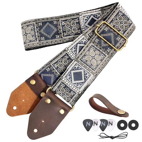 Image of Nefelibata Guitar Strap,Crazy Horse Leather Jacquard Embroidery Cotton Guitar Straps for Bass, Electric & Acoustic, Best Gifts for Guitarists(Bohemian Dark Blue Chequered)
