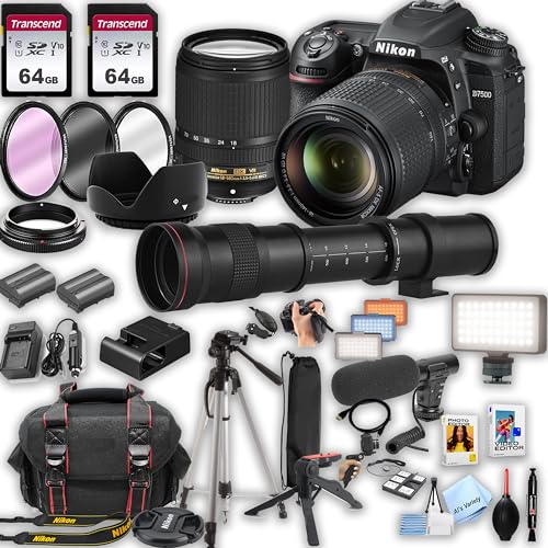 Nikon D7500 DSLR Camera Kit with 18-140mm VR Lens + 420-800mm Super Telephoto Lens + 128GB Memory, LED Light, Microphone, Spare Battery, Filters, Case, Tripod, and More (45pc Video Bundle),(Renewed)