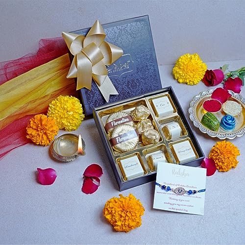Image of Rakhi Gift Hamper with Festive Confections Box for Brother | Rakhi Hamper with Assorted Chocolates and Rakhi with a Greeting card