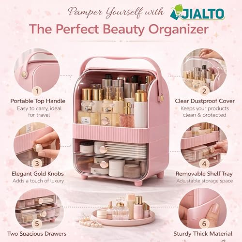 Image of JIALTO Large Cosmetic Organizer Box with Handle - Dustproof Makeup Storage Cabinet with Drawer, Skincare & Perfume Organizer for Vanity, Dressing Table & Bathroom Countertop (37x29.5x20 cm, Pink)