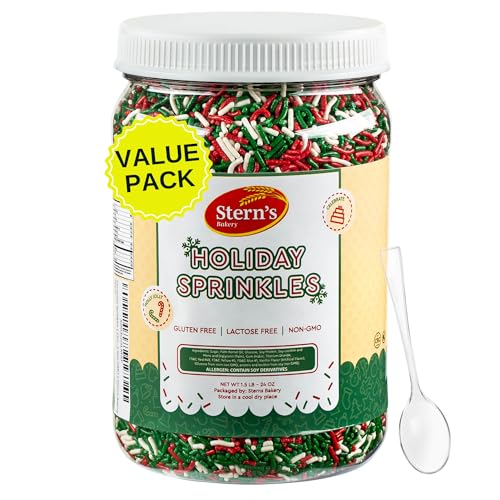 Christmas Sprinkles | 1.5 lb Christmas Jimmies | Red, White & Green Holiday Sprinkles for Cookie Decorating, Cupcakes | Dairy & Nut Free | Stern’s Bakery