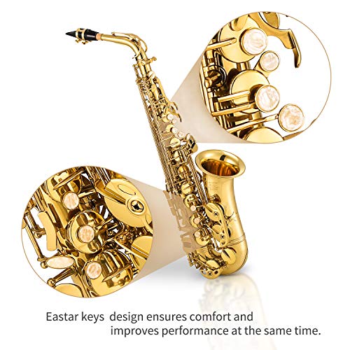 Eastar Professional Alto Saxophone E Flat Alto Saxophone Eb Saxophone Gold With Cleaning Cloth, Carrying Case, Mouthpiece, Neck Strap, Reeds And Stand, Alto Saxophone Full Kit, As-Ⅲ #TOP1