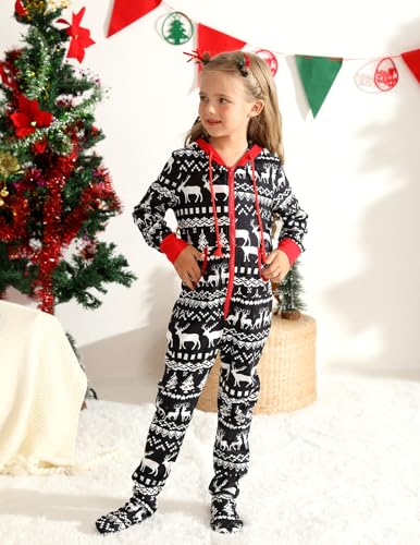 Image of Veseacky Family Christmas Pajamas Matching Sets Adult Onesie Zipper Hooded Footed One-Piece Pjs Jumpsuits