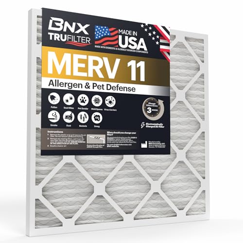 Image of BNX TruFilter 20x24x1 Air Filter MERV 11 (2-Pack) - MADE IN USA - Allergen Defense Electrostatic Pleated Air Conditioner HVAC AC Furnace Filters for Allergies, Dust, Pet, Smoke, Allergy MPR 1200 FPR 7