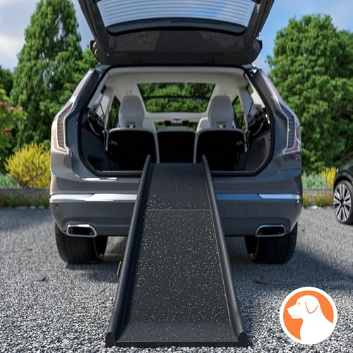 CADOCA® Hunderampe Auto klappbar 90kg kompakt 156x40cm Tragegriff Sicherungsbügel Reflektoren Trinknapf Hund Katze rutschfest leichte Einstiegshilfe