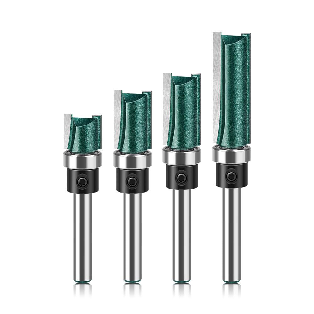 4PCS Pattern Flush Trim Router Bit Set, 1/4-Inch Shank Bottom Bearing Pattern Router bit Set, Cutting Height in 15/32”, 3/4”, 1”, 1-1/2”, Flush Trim Cut Router Bits