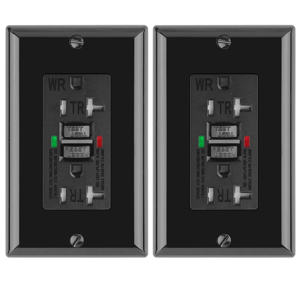 2 Pack – POWAWINI GFCI Outlet 20 Amp, UL Listed, Self-Test GFI Receptacles, TamperResistant, Weather Resistant, LED Indicator, with Decor Wall Plates and Screws, Indoor or Outdoor Use (Black)