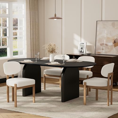 Image of 70-Inch Oval Dining Table Set with 4 Wood Dining Chairs, 5-Piece Dining Table Set with Chenille Chairs - Modern MDF Table (300lbs Capacity) & Comfortable Upholstered Seats for Home Dining