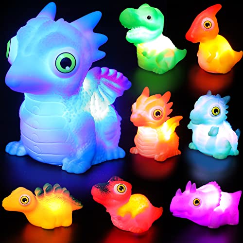 Joyin 8Pcs Light Up Bath Toys, Toddler Flashing Colourful Led Bathtub Dinosaur Toy, Baby Bathtime Floating Rubber Shower Toy For Infant Baby Kids Boy Girl Birthday Valentines Gift Swimming Pool Party #TOP8