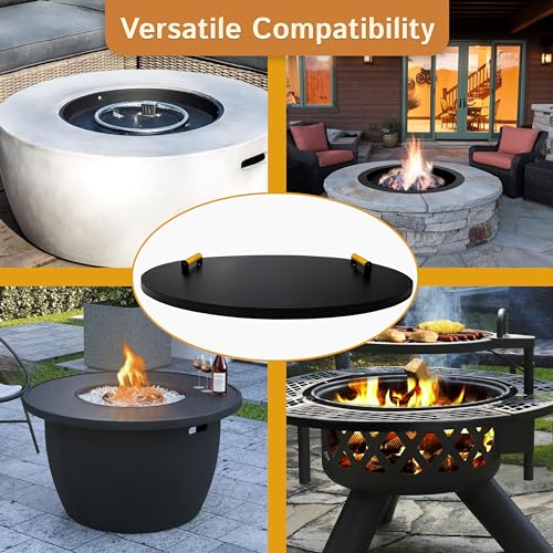 Simond Store Fire Pit Cover Round 38" - Rust Resistant 1.5mm Powder Coated Carbon Steel Firepit Lid with 2 Ergonomic Wooden Handles - Compatible for Fire Pit Inside Dia Up to 36"