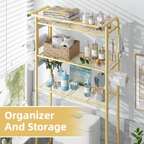 Image of Simple Trending 3 Tier Over The Toilet Rack, Shelf Bathroom, Bathroom Stand Organizer Space Saver, Gold